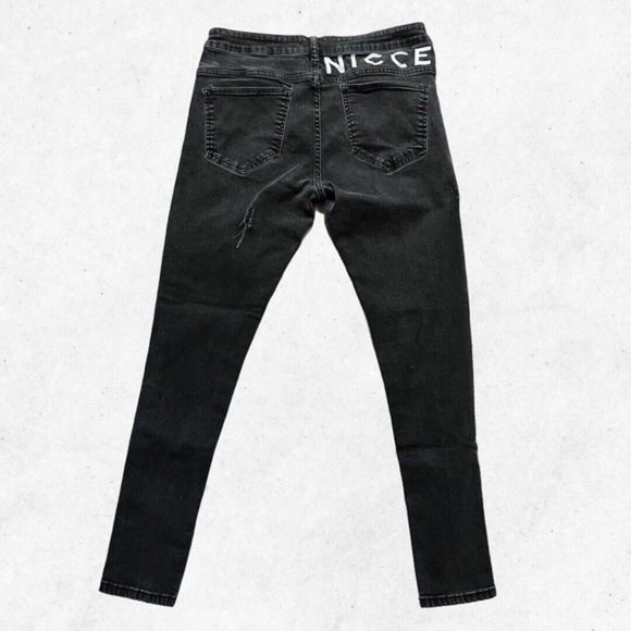 NICCE Men’s Sz L 32" Waist Washed Black Skinny Fit Jeans Back Logo RIPPED!‎ - Picture 2 of 14